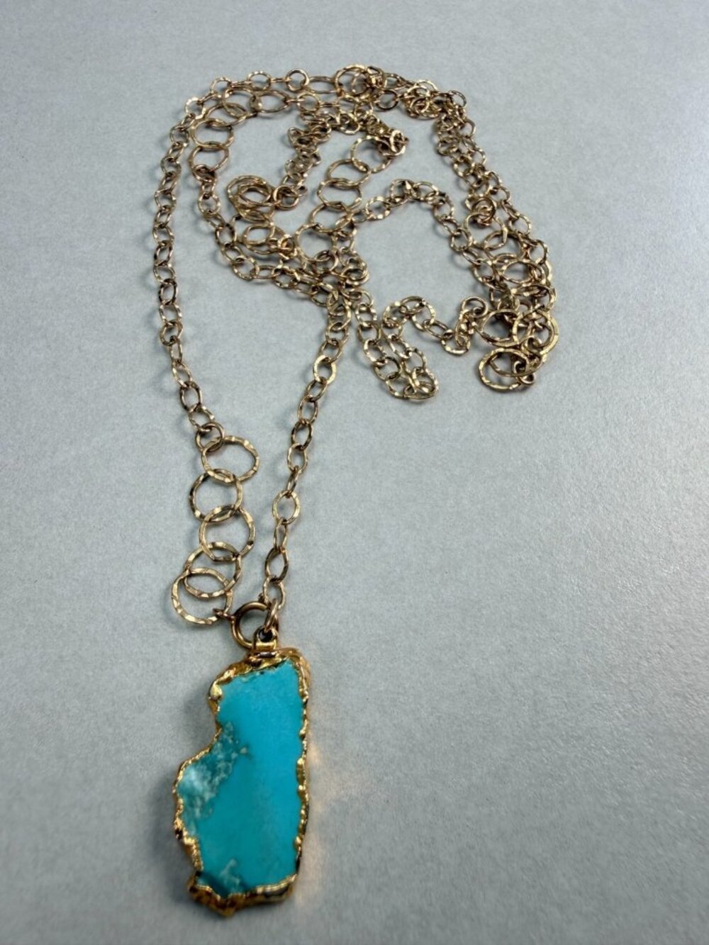 14K Gold Filled Turquoise Slice Pendant Long Necklace Boho Statement - Picture 5 of 8